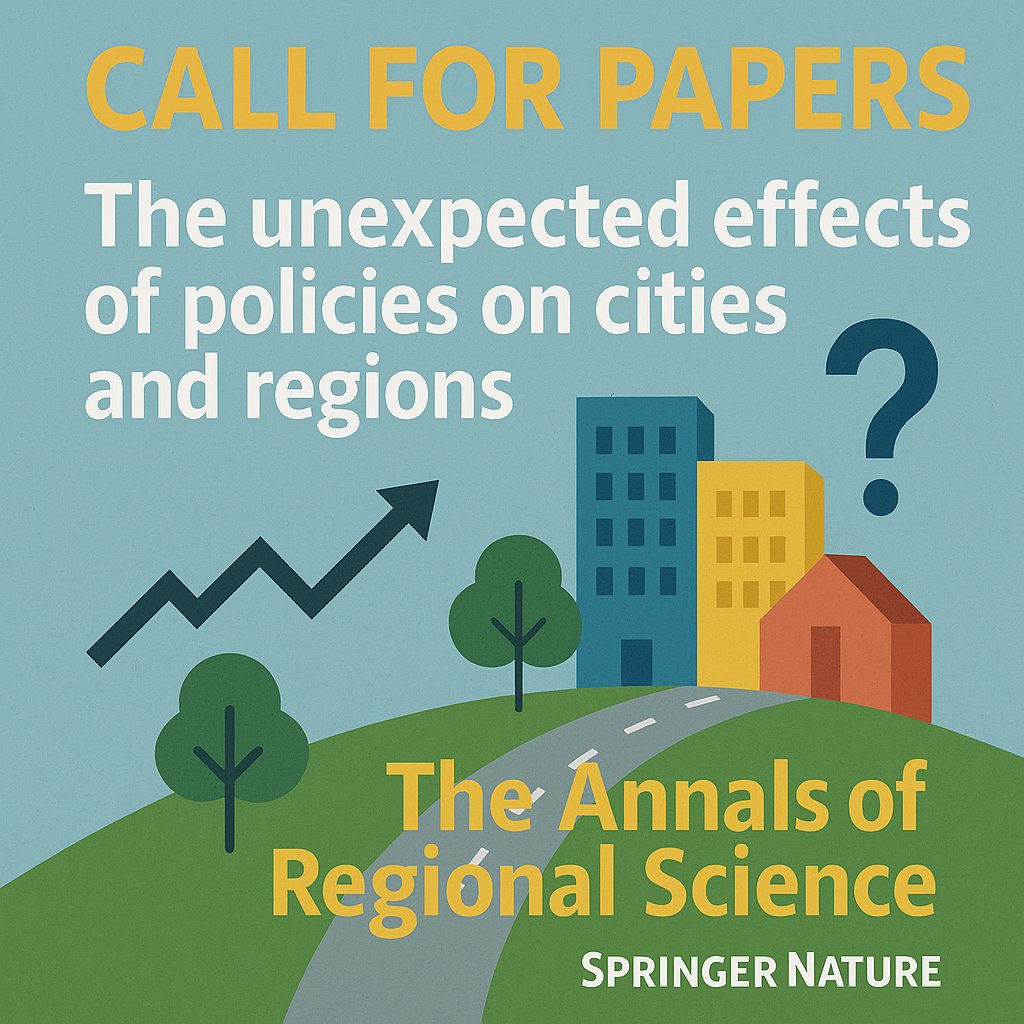 📢 Call for papers – Annals of Regional Science
🗓️ Deadline: Nov 15, 2025
Explore the unexpected effects of public policies on cities &amp; regions.
Submit your work ➡️ link.springer.com/collections/jd… 
#RegionalScience #PublicPolicy #UrbanStudies
