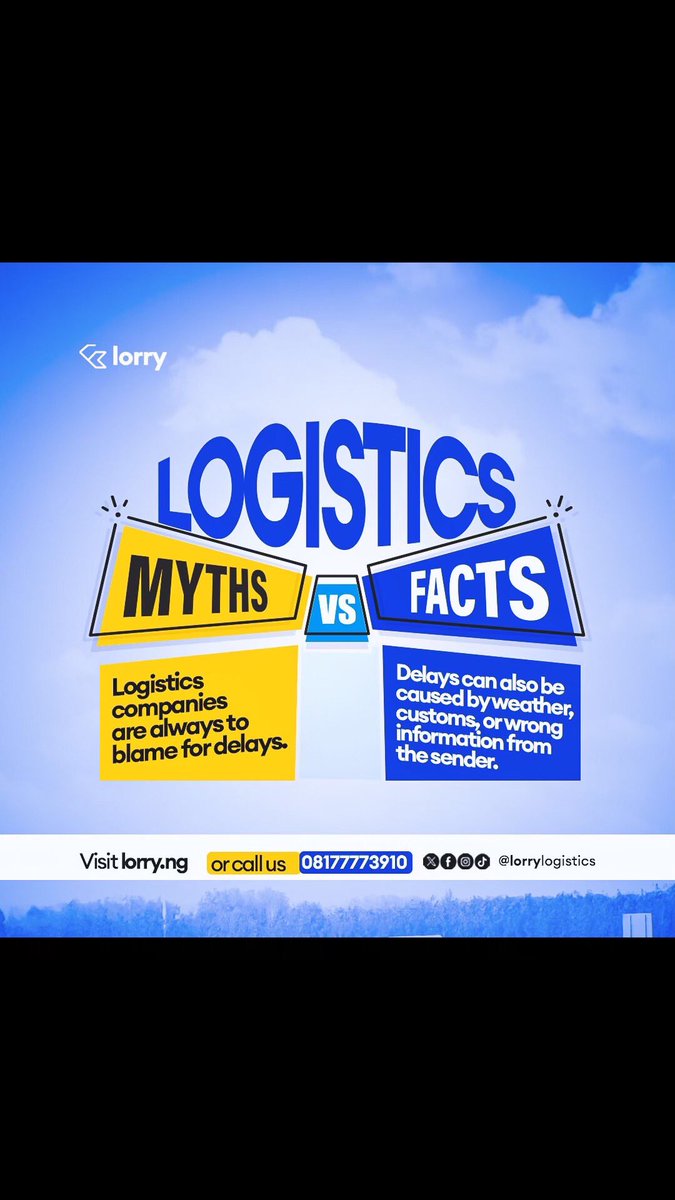 LorryLogistics's tweet photo. Delays aren’t always the logistics company’s fault.
Rain, roadblocks, wrong info, or sender/receiver delays can also be the cause.
Logistics is teamwork, let’s make it smooth together.

#Logistics #MythVsFact #NaijaBusiness #DeliveryRealities #LorryLogistics https://t.co/J4eTKnTY2f