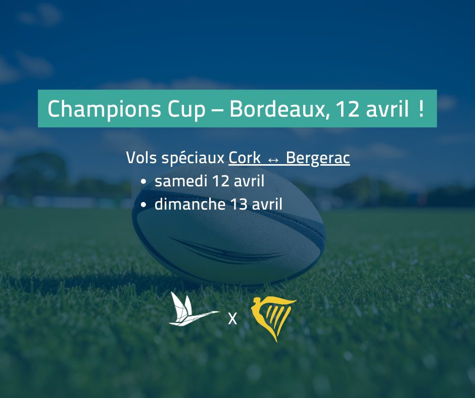 Extra flights added for the big game 🇫🇷🏉
Union Bordeaux-Bègles vs Munster – Sat April 12, 4PM (Bordeaux)
✈️ Cork → Bergerac: Sat 12
✈️ Bergerac → Cork: Sun 13
Book now at ryanair.com
#ChampionsCup #RugbyTravel #Ryanair #Bordeaux #MatchDay