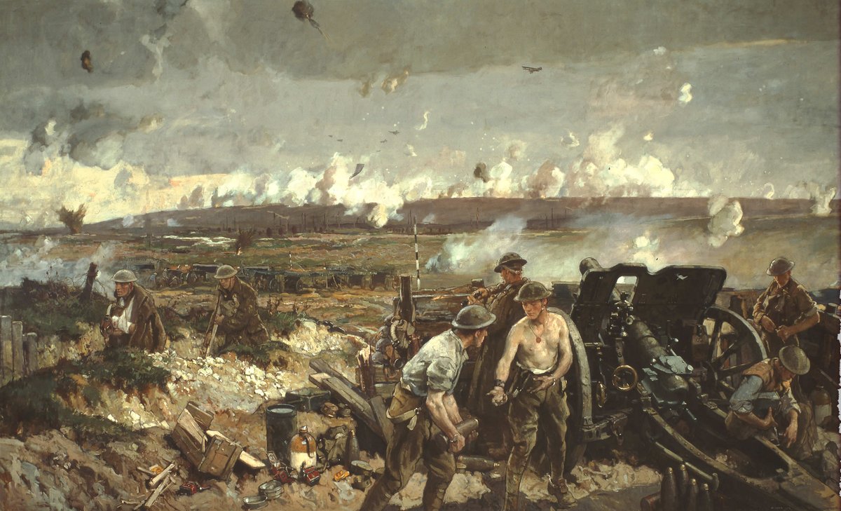 CanWarMuseum's tweet photo. As we mark the Battle of Vimy Ridge, we honour the soldiers and artists who told their stories. 🎨 This painting by Richard Jack shows a gun crew in action as wounded soldiers pass by—a powerful tribute to sacrifice.  
#VimyRidge #CanadaRemembers #WarArt https://t.co/Zlw2FcKsiZ