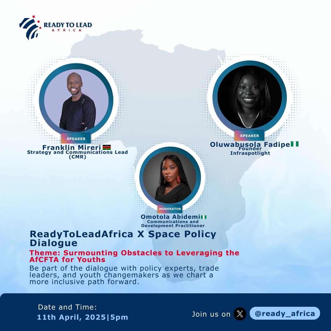 africa_ready's tweet photo. 🚨 Join the Conversation! 
Africa's youth hold the key to unlocking AfCFTA’s promise—but too many are left out of the conversation. Let’s change that. 
Be part of the dialogue with policy experts, trade leaders, and youth changemakers.  
#AfCFTA #ReadyToTrade #PolicyDialogue https://t.co/7BK8C1IdM3