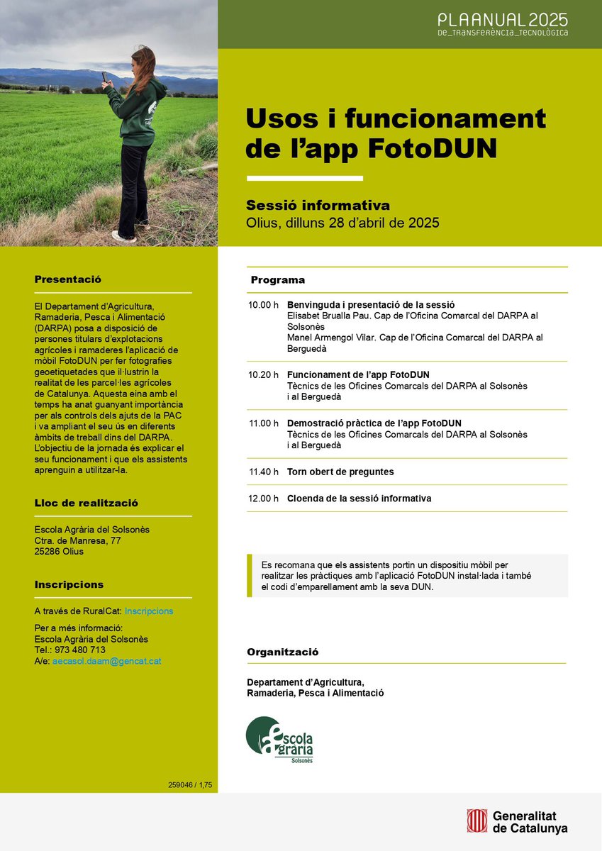 📲 Si ets titular d’explotacions agrícoles i/o ramaderes, de segur que et sonarà l’app #FotoDUN. Proposem una jornada per conèixer-ne el funcionament!

📆 28/04
🕰️ 10-12 h
📍 #EASolsonès (#Olius)
📝 Inscripcions a <a href="/ruralcat/">Ruralcat</a> 

#PATT2025