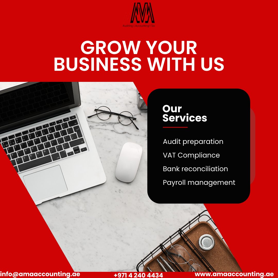 ama_auditing's tweet photo. Ready to grow your Dubai business? 🚀
Let us handle the complexities so you can focus on success! 💼

Contact us today.

#DubaiBusiness #BusinessGrowthDubai #AccountingServicesDubai #VATComplianceDubai #AuditPreparationDubai #PayrollManagementDubai #AMAAccounting https://t.co/Mhw4Ydw1cF