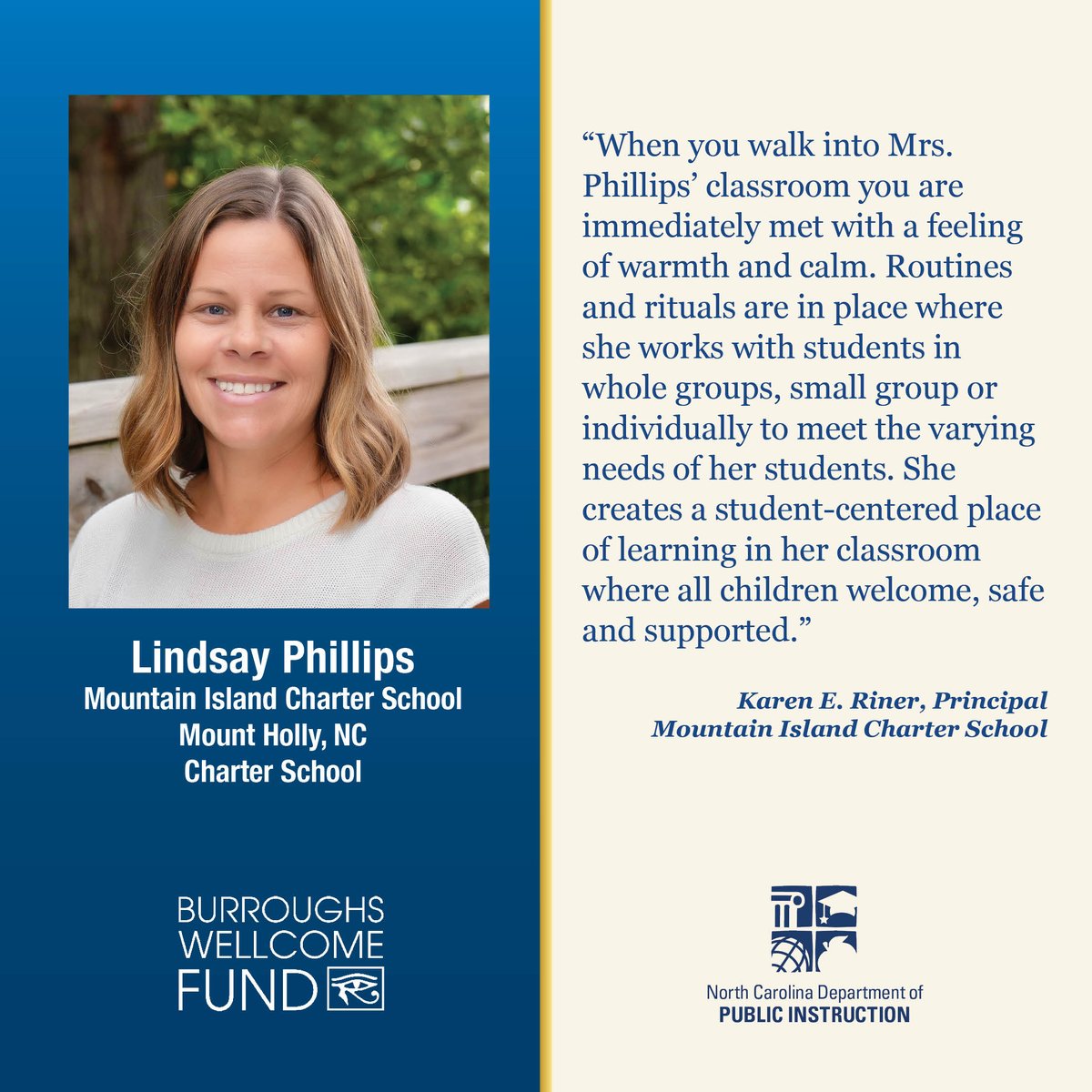 ncpublicschools's tweet photo. Who will be next @BWFund 2025 NCTOY? Meet Charter School TOY Lindsay Phillips. Join us April 11 at 11:30 am for pre-show &amp; NCTOY ceremony livestream - https://t.co/qGWFPp4Ukn &amp; https://t.co/34xPHkDKWN, with support from @EquitableFin &amp; @MyPBSNC. https://t.co/U6bVpQOMS1