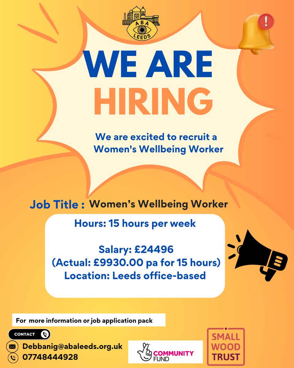 ABA Leeds (@abaleeds) on Twitter photo ๐ We're Hiring: Womenโs Wellbeing Worker (Leeds, Office-Based)
๐ Location: Leeds (Office-Based)
โฐ Hours: 15 hrs/week | Salary: ยฃ24,496 (pro rata ยฃ9,930)
๐
 Deadline: 30 April 2025 | Interview Date: 8 May 2025
๐น Start: ASAP Apply now! (abaleeds.org.uk/vacancies-2/) ๐ We're Hiring: Womenโs Wellbeing Worker (Leeds, Office-Based)
๐ Location: Leeds (Office-Based)
โฐ Hours: 15 hrs/week | Salary: ยฃ24,496 (pro rata ยฃ9,930)
๐
 Deadline: 30 April 2025 | Interview Date: 8 May 2025
๐น Start: ASAP Apply now! (abaleeds.org.uk/vacancies-2/)