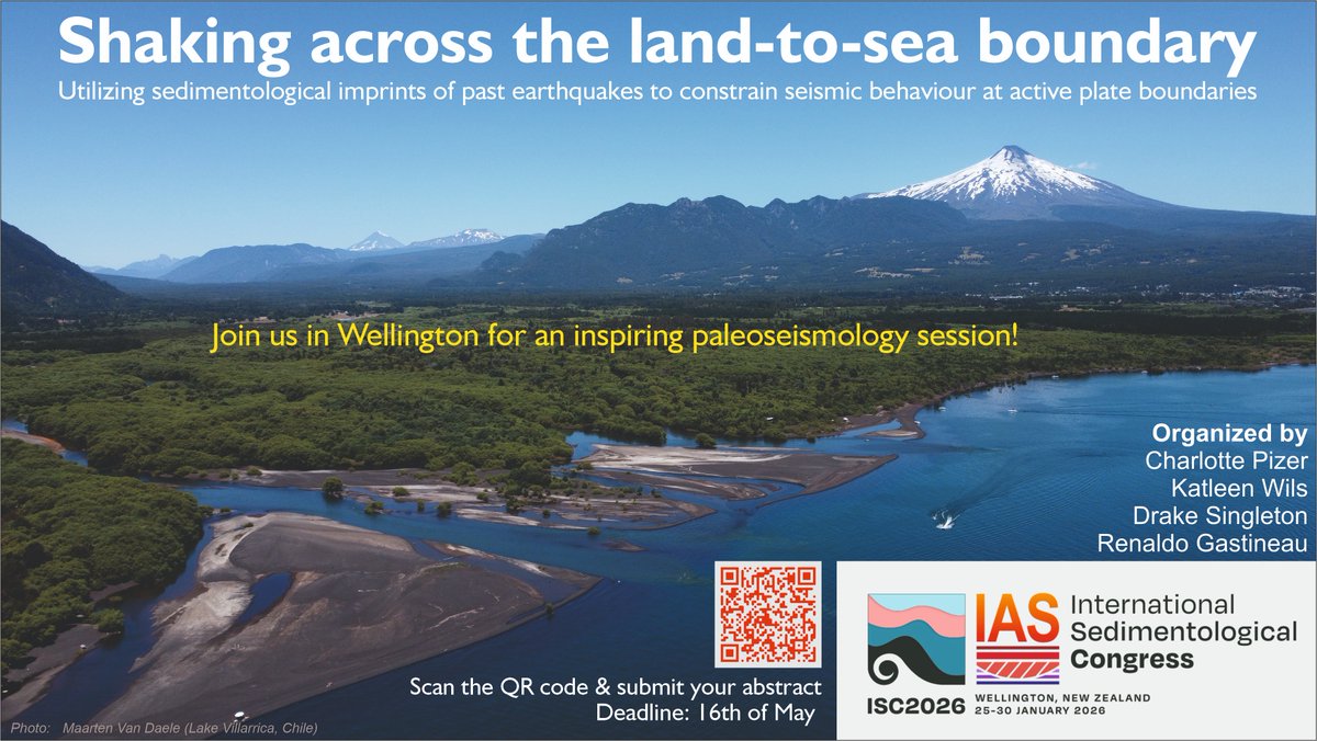 📢 Studying lacustrine 🛶, marine ⚓ or coastal 🌊 #earthquake deposits? #NewZealand is the place to be in January 2026 during the #ISC2026 conference!

📧 Submit your abstract to join our "Shaking across the land-to-sea boundary" #paleoseismology session before 16th of May!