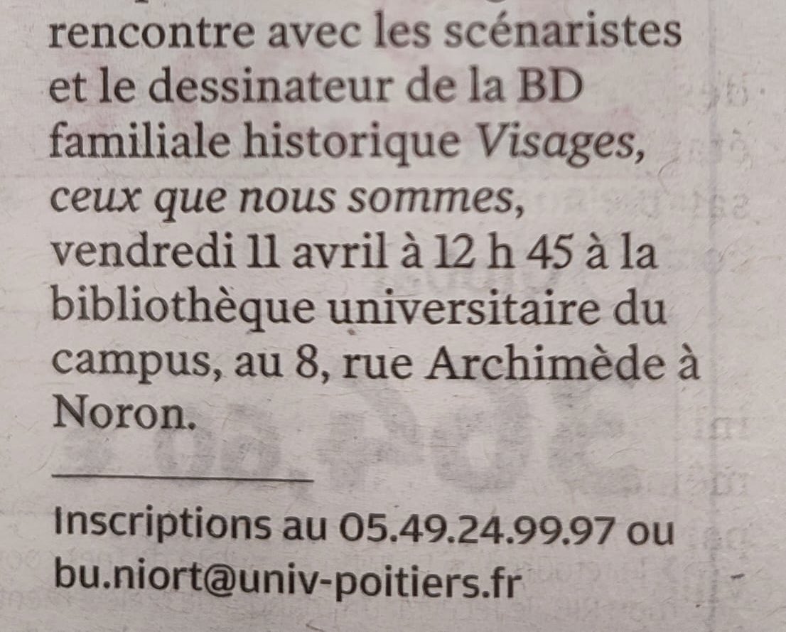 Bonjour ! Extrait de la Nouvelle République pour la rencontre de vendredi avec les auteurs de Visages ceux que nous sommes !  Merci à l’Université de Poitiers - Campus de Niort pour la diffusion ! #BD #Histoire #Art #Exposition #SCDPoitiers