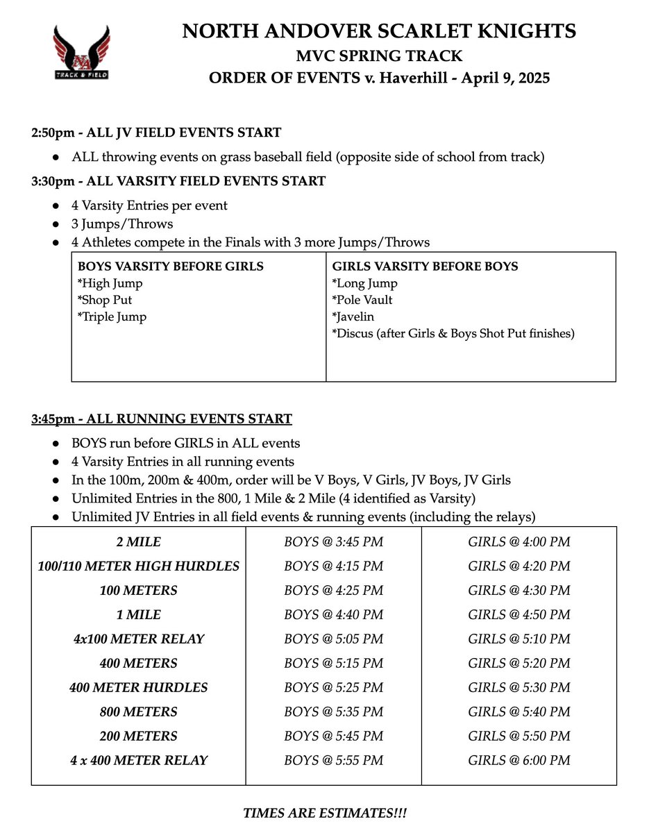 NA Knights Track (@naknightstrack) on Twitter photo MEET DAY
Scarlet Knights host Hall of Fame Coach Mike Maguire and his Haverhill Hillies. Varsity Field Events start at 3:30pm - Varsity Running Events start at 3:45pm.
#TrackFamily
<a href="/GuarenteCoach/">Coach Guarente</a> <a href="/MrMeehanNAHS/">Conor Meehan</a> <a href="/NAMSTechLit/">Mr. Sturtevant</a> <a href="/NorthAndoverXC/">North Andover XC</a> <a href="/NAHS_DECA/">NAHS DECA</a> <a href="/haverhilltrack/">Michael Maguire</a> <a href="/GoHillies/">Haverhill Athletics</a> MEET DAY
Scarlet Knights host Hall of Fame Coach Mike Maguire and his Haverhill Hillies. Varsity Field Events start at 3:30pm - Varsity Running Events start at 3:45pm.
#TrackFamily
<a href="/GuarenteCoach/">Coach Guarente</a> <a href="/MrMeehanNAHS/">Conor Meehan</a> <a href="/NAMSTechLit/">Mr. Sturtevant</a> <a href="/NorthAndoverXC/">North Andover XC</a> <a href="/NAHS_DECA/">NAHS DECA</a> <a href="/haverhilltrack/">Michael Maguire</a> <a href="/GoHillies/">Haverhill Athletics</a>