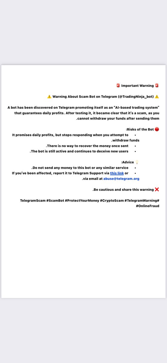 flan1_1's tweet photo. @tradingninjabot ❌ Be cautious and share this warning.

#TelegramScam #ScamBot #ProtectYourMoney #CryptoScam #TelegramWarning #OnlineFraud https://t.co/ExFRCSfXaU
