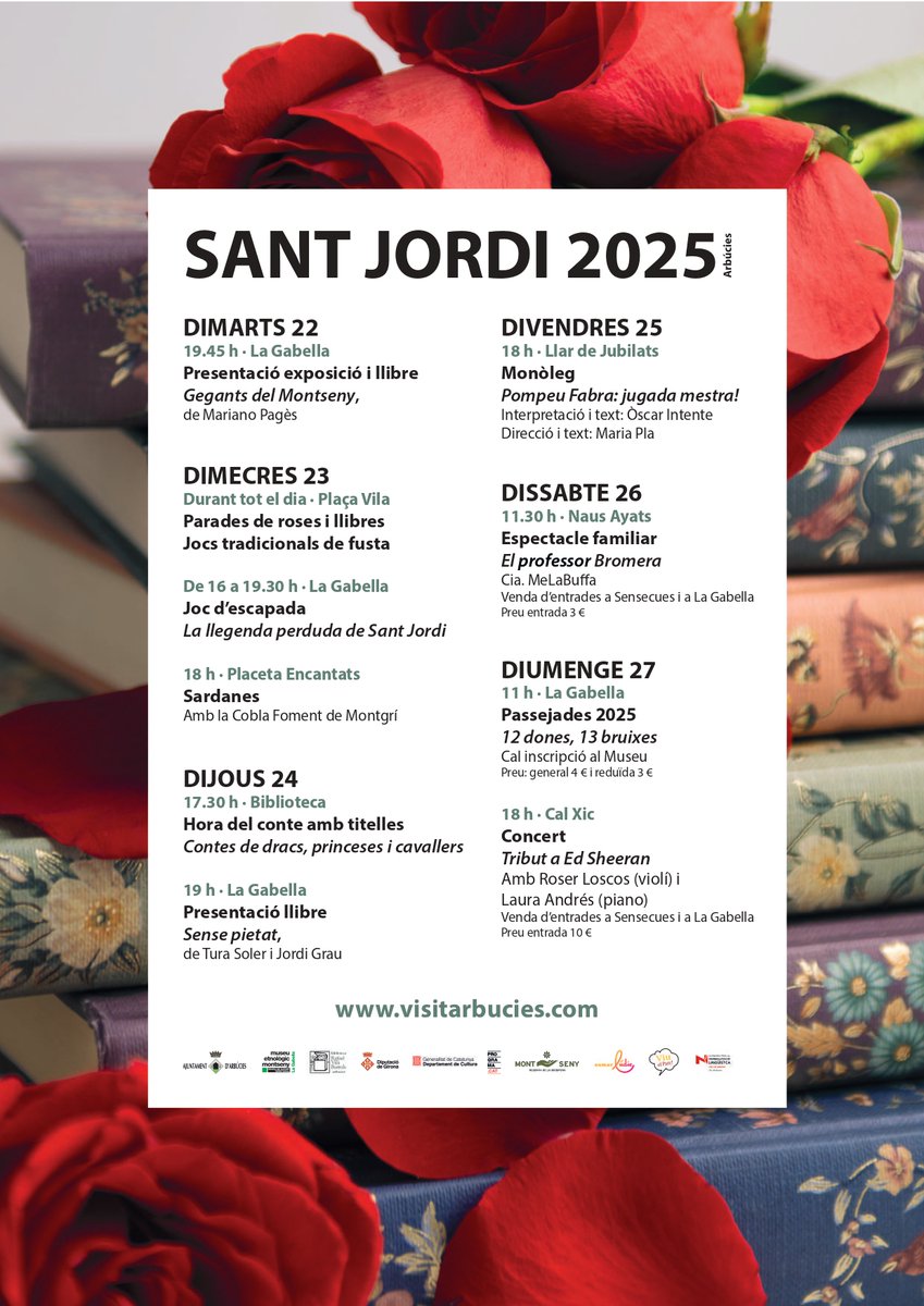 📚🌹 La setmana del 22 al 27 d'abril, a Arbúcies celebrarem la Setmana Cultural de Sant Jordi amb una programació plena d’activitats familiars 👨‍👩‍👧‍👦, presentacions de llibres 📖, espectacles 🎭...

👉 Podeu fer una ullada a la programació aquí visitarbucies.com/ca/activitats-…