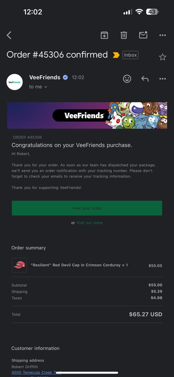 robertjcrow's tweet photo. Wanted to do a huge thank you to @jeremyknowsVF  for helping linking my NFTs to my Vee Friends account, also a big thank you to @Corso52 for the quick DMs. So excited to get my @veefriends  #friendscaps @garyvee you have a great team!!!!! https://t.co/a1cPRQFtLx