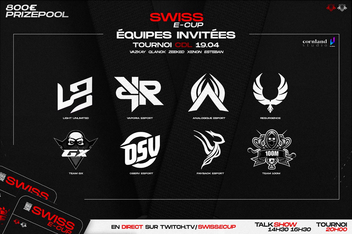 Swiss E-CUP (@suissecupcod) on Twitter photo Découvrons ensemble les magnifiques équipes qui participeront à l’événement ! N’oubliez pas de liker et de partager un maximum pour soutenir :
<a href="/L8Unlimited/">Light Unlimited</a>
<a href="/TeamAnalogique/">Analogique</a>
<a href="/TeamGx_GG/">Team Gx</a>
<a href="/VaporiaEsport/">Vaporia Esport</a>
<a href="/ResurgenceCorp/">Résurgence Corp</a>
<a href="/PayBaacKEsport/">PayBacK Esport</a>
<a href="/OservEsport/">OSV | #OSVWIN 🔴</a>
Qui sera l’élu de la Découvrons ensemble les magnifiques équipes qui participeront à l’événement ! N’oubliez pas de liker et de partager un maximum pour soutenir :
<a href="/L8Unlimited/">Light Unlimited</a>
<a href="/TeamAnalogique/">Analogique</a>
<a href="/TeamGx_GG/">Team Gx</a>
<a href="/VaporiaEsport/">Vaporia Esport</a>
<a href="/ResurgenceCorp/">Résurgence Corp</a>
<a href="/PayBaacKEsport/">PayBacK Esport</a>
<a href="/OservEsport/">OSV | #OSVWIN 🔴</a>
Qui sera l’élu de la