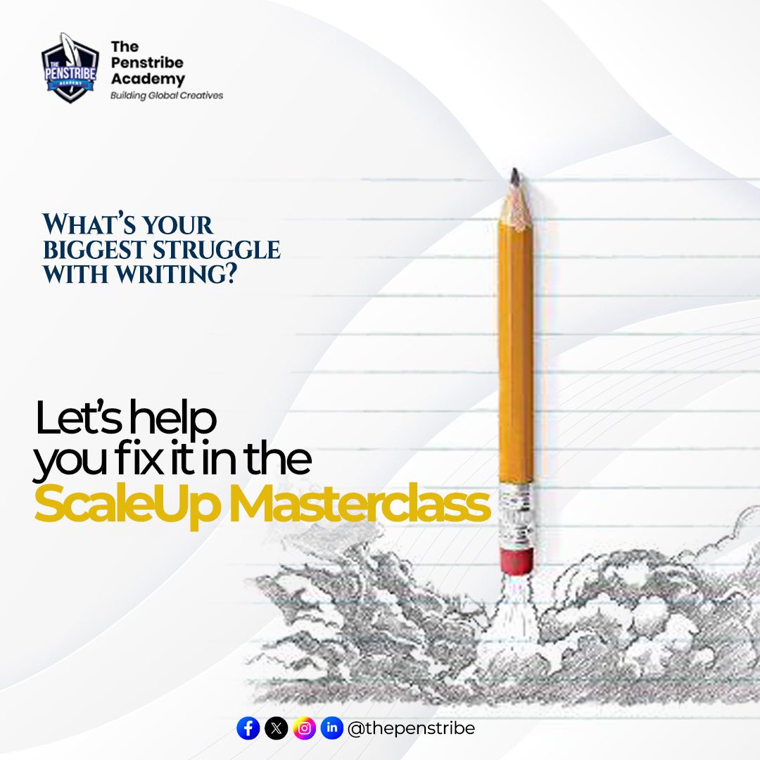 Thepenstribe_'s tweet photo. What’s your biggest struggle with writing? 

Drop it in the comments.

#PenstribeAcademy
#Writer
#Masterclass https://t.co/d4kJk3BVWD
