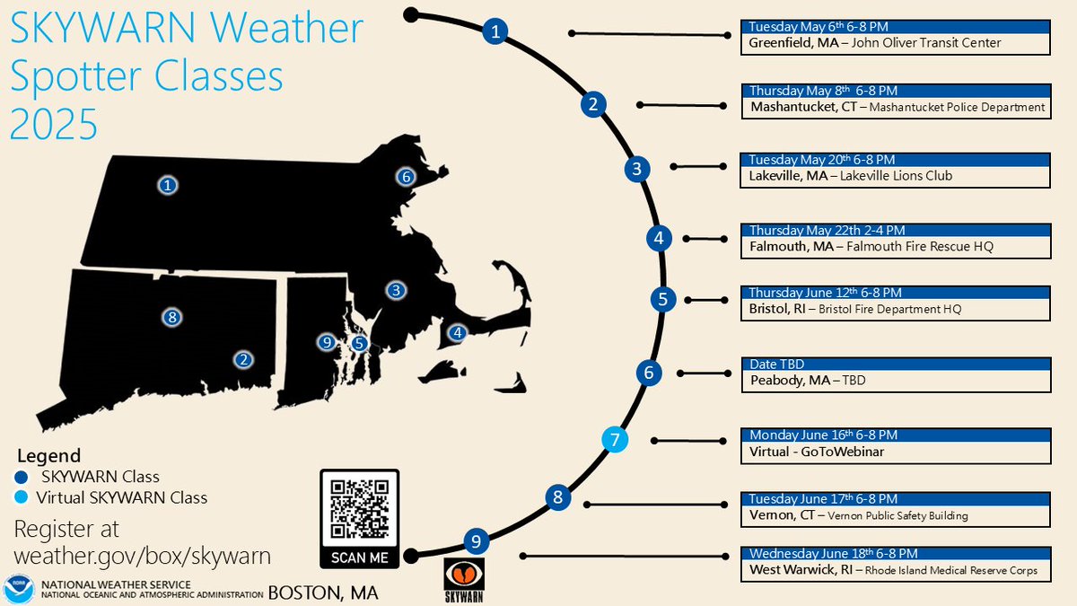 Calling all weather enthusiasts! We'll be kicking off our 2025 SKYWARN Spotter training program in May! Classes are FREE and open to the public. ⛈️

Our first class is in Greenfield early next month. For more information and to register online visit weather.gov/boston/skywarn