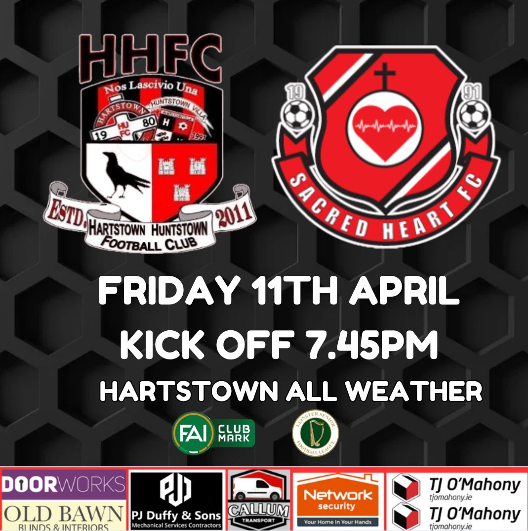 FIXTURE UPDATE:

Our Intermediate side is back in action this Friday, 11th April as we travel to take on Hartstown Huntstown FC.

Kick-off: 7:45PM
Venue: Hartstown All Weather.

All Support welcome ❤️🖤
#CmonTheHearts #AwayDays