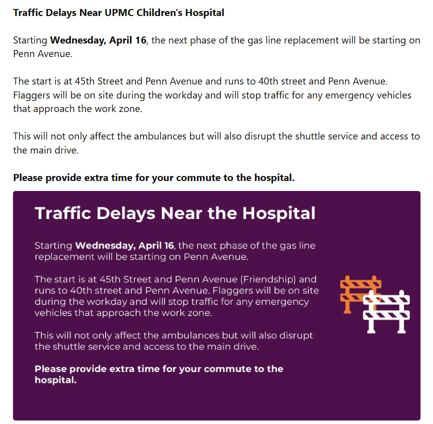See the announcement below regarding construction delays at UPMC Children's Hospital of Pittsburgh
