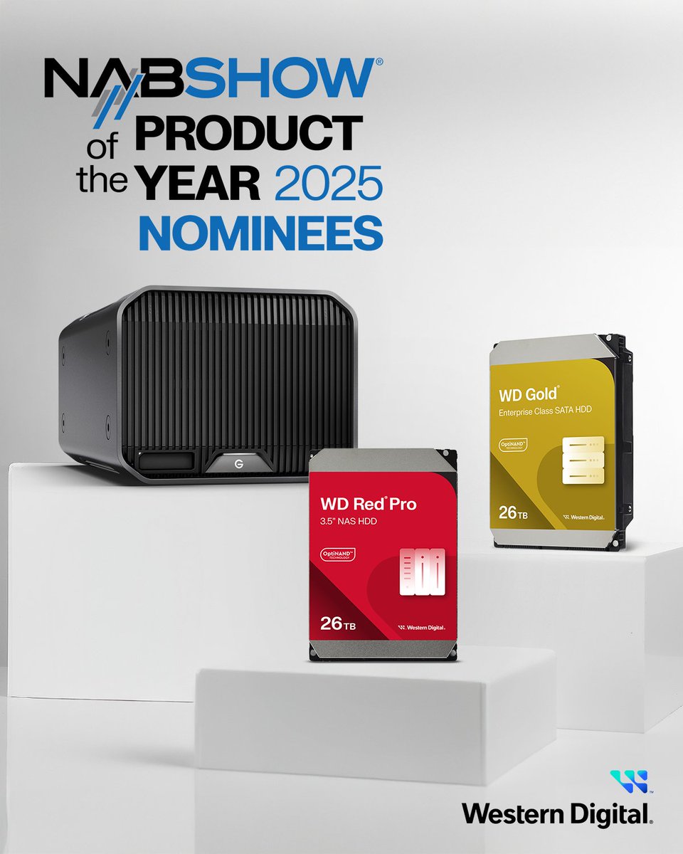 We're honored to have 3 of our powerhouse products nominated for NAB Show Product of Year 2025: the high-performance G-RAID PROJECT 2, the ultra-capacity WD Red Pro 26TB NAS hard drive, and the enterprise-ready WD Gold 26TB drive. 

Learn more: bit.ly/4iZWpOB