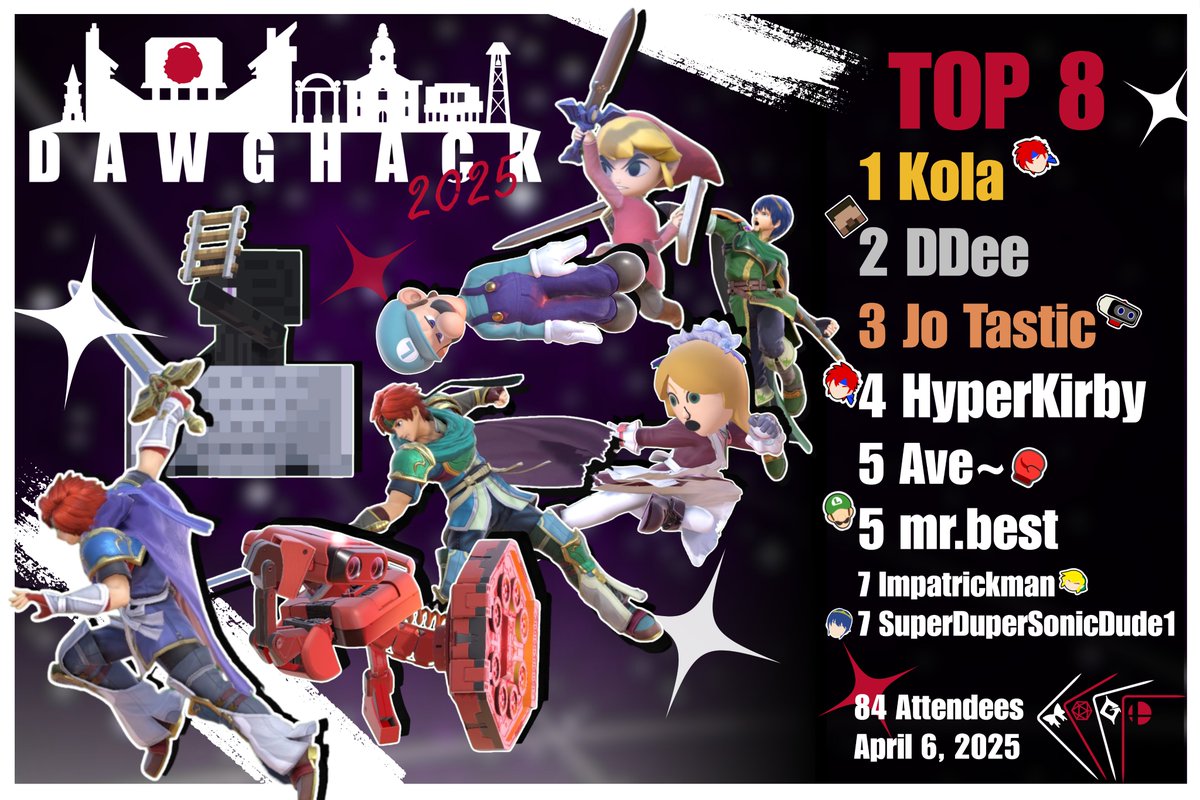 UGA Smash Ultimate (@ugasmash) on Twitter photo CONGRATULATIONS TO OUR DAWGHACK 2025 TOP 8! Kola took the tournament, going 3-3 on game 5 victories in top 8!
A big thank you to everyone who came out and made this the biggest Athens event ever, and we hope you're looking forward to our next big event in October! CONGRATULATIONS TO OUR DAWGHACK 2025 TOP 8! Kola took the tournament, going 3-3 on game 5 victories in top 8!
A big thank you to everyone who came out and made this the biggest Athens event ever, and we hope you're looking forward to our next big event in October!