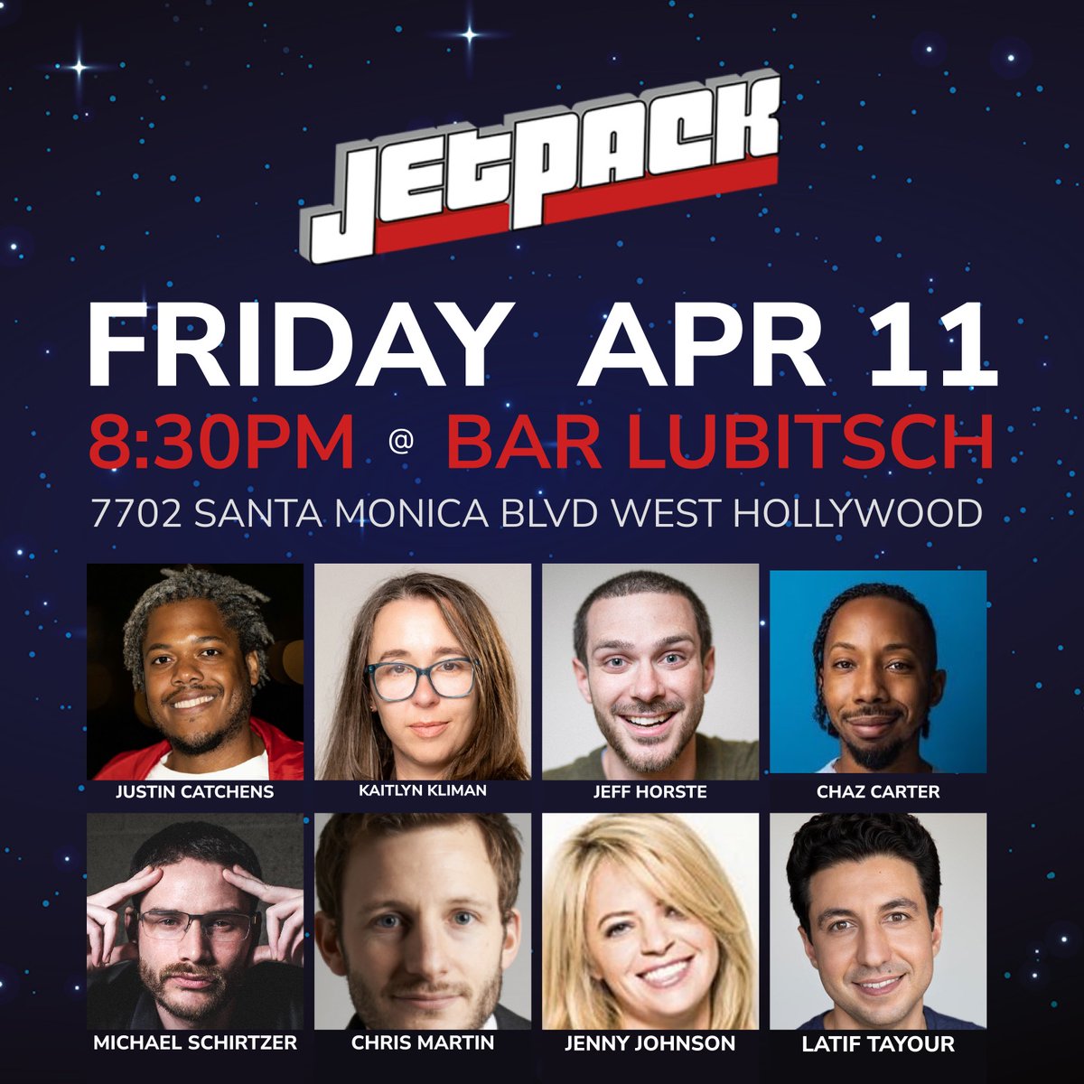 Jetpack Comedy (@jetpackcomedy) on Twitter photo Friday! LA's finest standup show brings you an all-killer no-filler lineup. No drink minimum, no crappy chicken fingers, just top-shelf comedy.
@jaycatch @jennyjohnsonhi5 <a href="/SCarter724/">PollyPocketkneegro</a> <a href="/MicSchirtzer/">Mikey Intifada</a> @JeffHorste <a href="/ChrisMcomedy/">Chris Martin - the other one</a> @LatifTayour
Get tickets: jetbook.co/e/jetpack-come… Friday! LA's finest standup show brings you an all-killer no-filler lineup. No drink minimum, no crappy chicken fingers, just top-shelf comedy.
@jaycatch @jennyjohnsonhi5 <a href="/SCarter724/">PollyPocketkneegro</a> <a href="/MicSchirtzer/">Mikey Intifada</a> @JeffHorste <a href="/ChrisMcomedy/">Chris Martin - the other one</a> @LatifTayour
Get tickets: jetbook.co/e/jetpack-come…