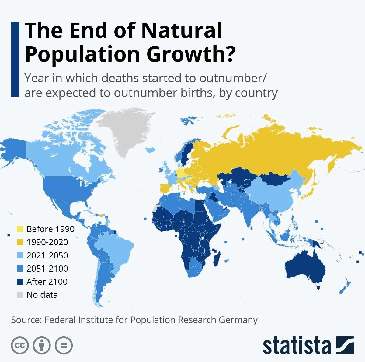 This map by @statista shows the year in which deaths outnumbered (will outnumber) births.
