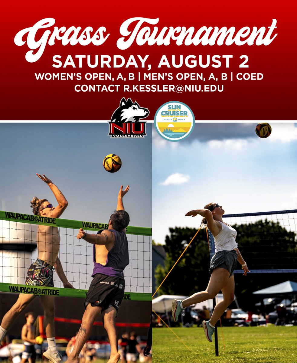 Save The Date! 

The 2025 NIU Volleyball Grass Tournament will be held on Saturday, August 2nd! More details and information on how to register coming soon☀️🐾 

This year the tournament is brought to you by Sun Cruiser, the official sponsor of the NIU Volleyball Grass Tournament