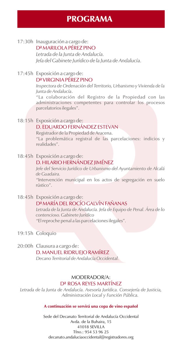 El miércoles 23 de abril a las 17:30 h., el Decanato de los Registradores de Andalucía Occidental <a href="/RegistradoresO/">Registradores Andalucía Occidental</a> celebrará la Jornada “Parcelaciones y edificaciones asimiladas a fuera de ordenación (...)”, que organiza conjuntamente con el Gabinete Jurídico de la <a href="/AndaluciaJunta/">Junta de Andalucía</a>