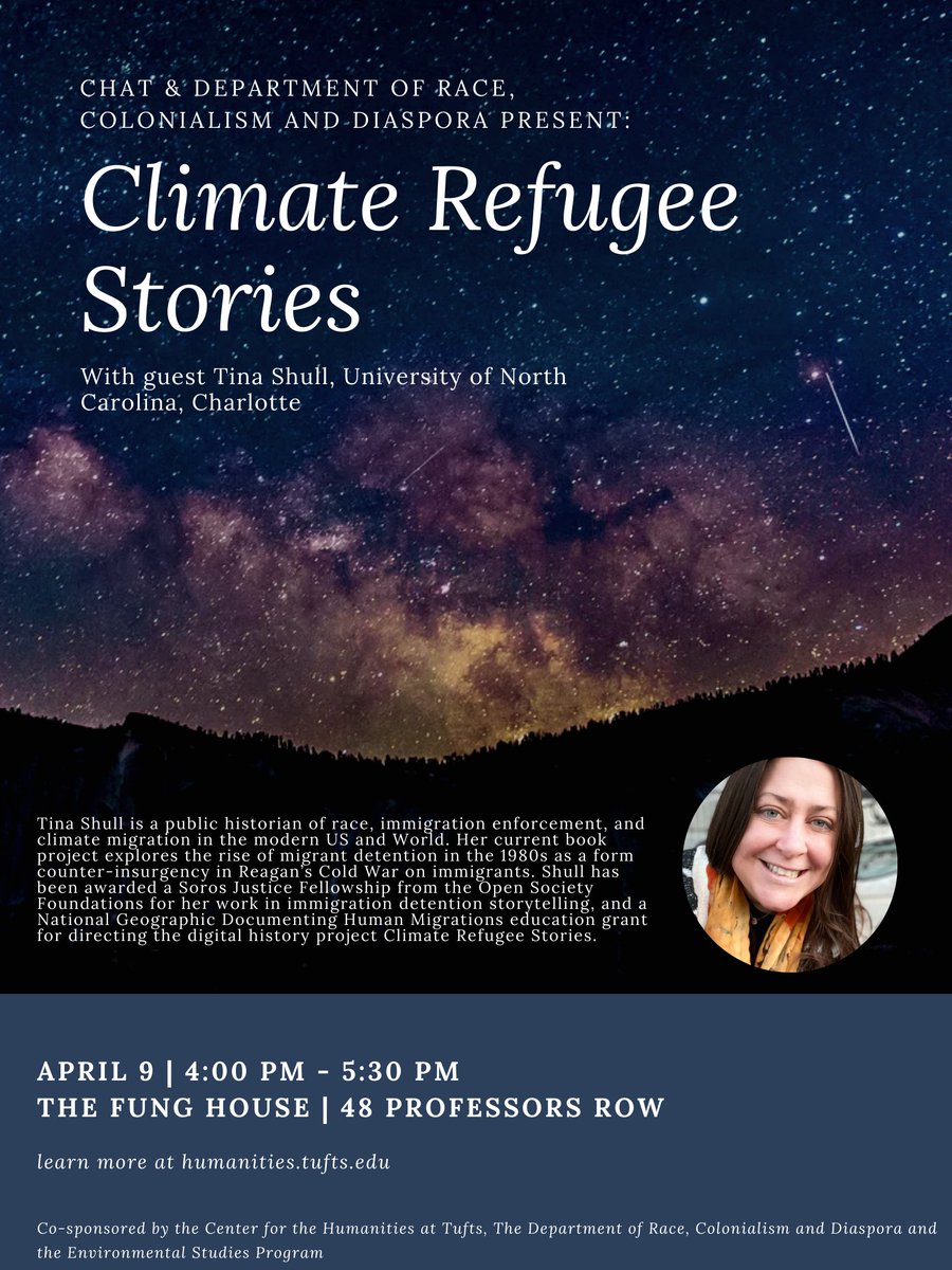 Join us Wednesday, April 9 at 4 pm to hear Tina Shull from UNC Charlotte discuss Climate Refugee Stories. Come on by if you are free!