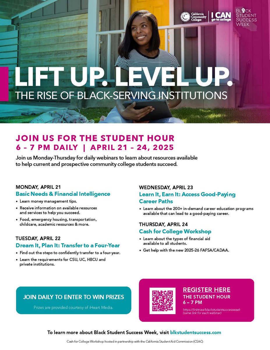Registration is now open for Black Student Success Week, including The Student Hour, scheduled for Monday, April 21, through Thursday, April 24, 2025, from 6:00 – 7:00 p.m. Students, the time to register is now: bit.ly/4i5P0vV 

#LiftUpLevelUp #BlackStudentSuccessWeek