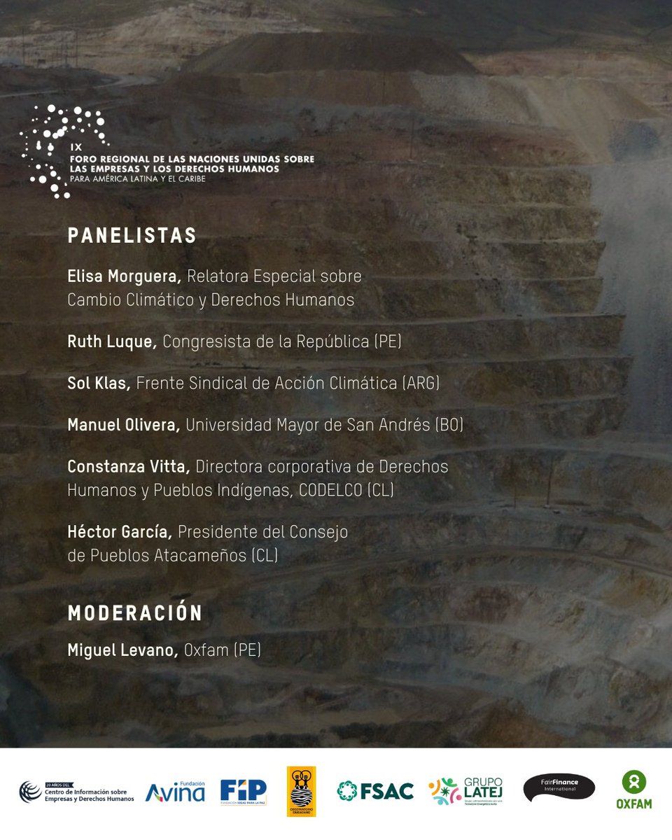 Este panel explorará cómo avanzar en una transición energética que sea justa, sostenible e inclusiva en América Latina, abordando los retos desde una perspectiva de derechos humanos. 

🗣️⚖️ El diálogo buscará construir un puente desde las realidades locales hacia las estrategias