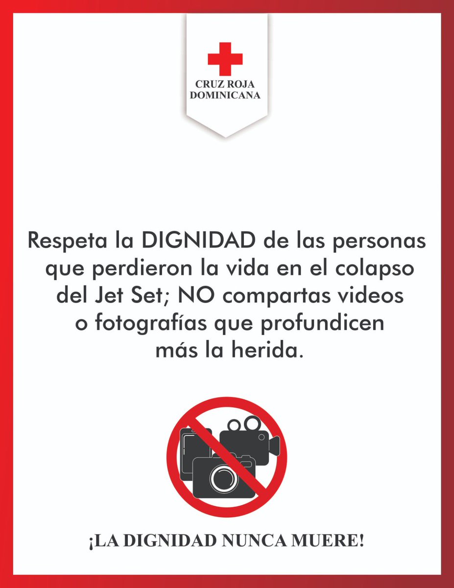 Respeta la DIGNIDAD de las personas que perdieron la vida en el colapso del Jet Set; NO compartas videos o fotografías que profundicen más la herida.

  ¡LA DIGNIDAD NUNCA MUERE!