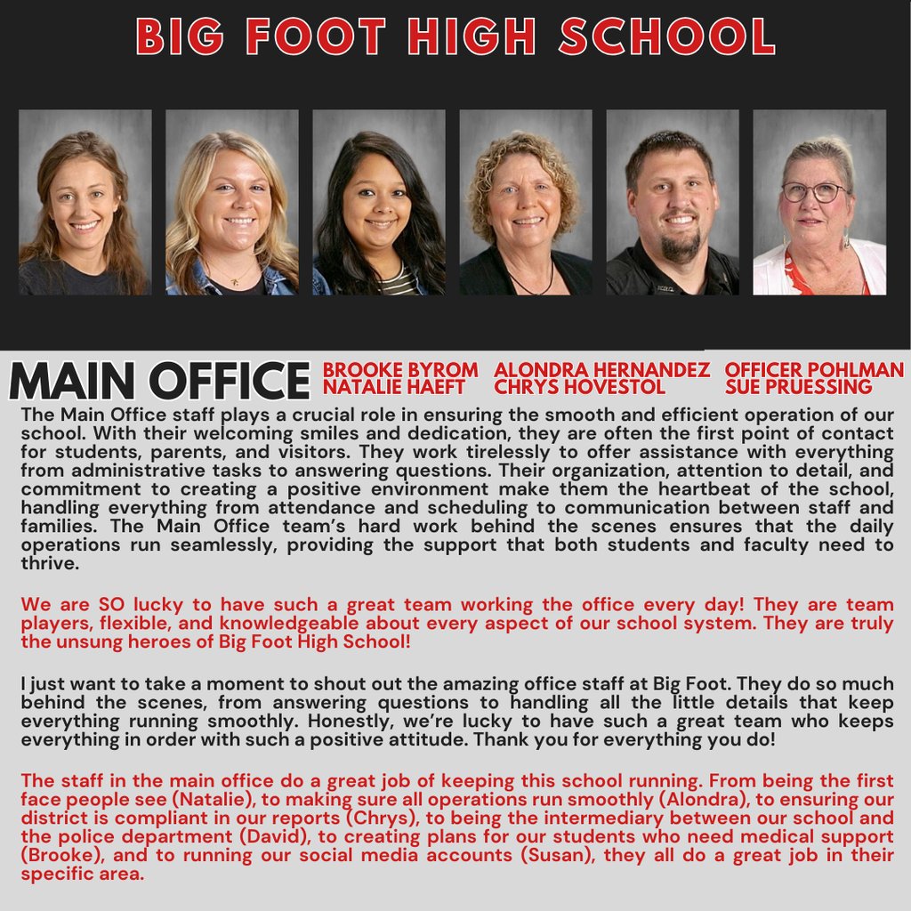 bigfooths's tweet photo. ✨ This month, we're shining a spotlight on our amazing staff at Big Foot High School! 🌟 A special shoutout to our dedicated Music Department and Main Office staff for their tireless support of our students every day! 💪❤️ We are so grateful for everything you do!  #BigFootPride https://t.co/ezEFk3MS8K