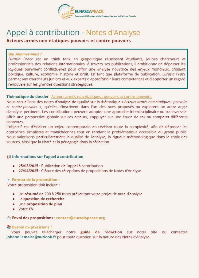Très heureux de la constitution de notre Conseil scientifique et de notre premier appel à contribution pour notre prochain dossier thématique 

Un Conseil à découvrir via cette page : eurasiapeace.org/notes-d-analys…

➡️ Acteurs armés non étatiques : pouvoirs et contrepouvoirs