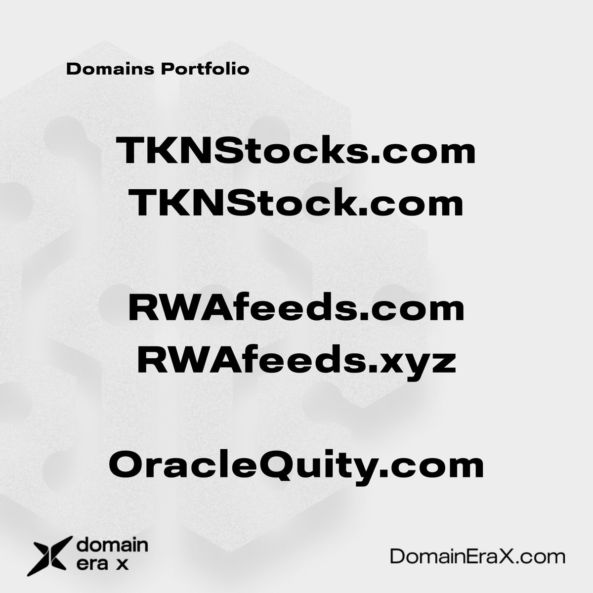 DomainStrategic's tweet photo. #Tokenization #TKN #RWA #Feeds #Stock #Stocks #TokenizeStocks #TokenizationStocks #Oracle #Quity #OracleQuity #Domain #Domains #DomainNames #DomainName #DomainEraX #EraX https://t.co/VpeaunQaRk
