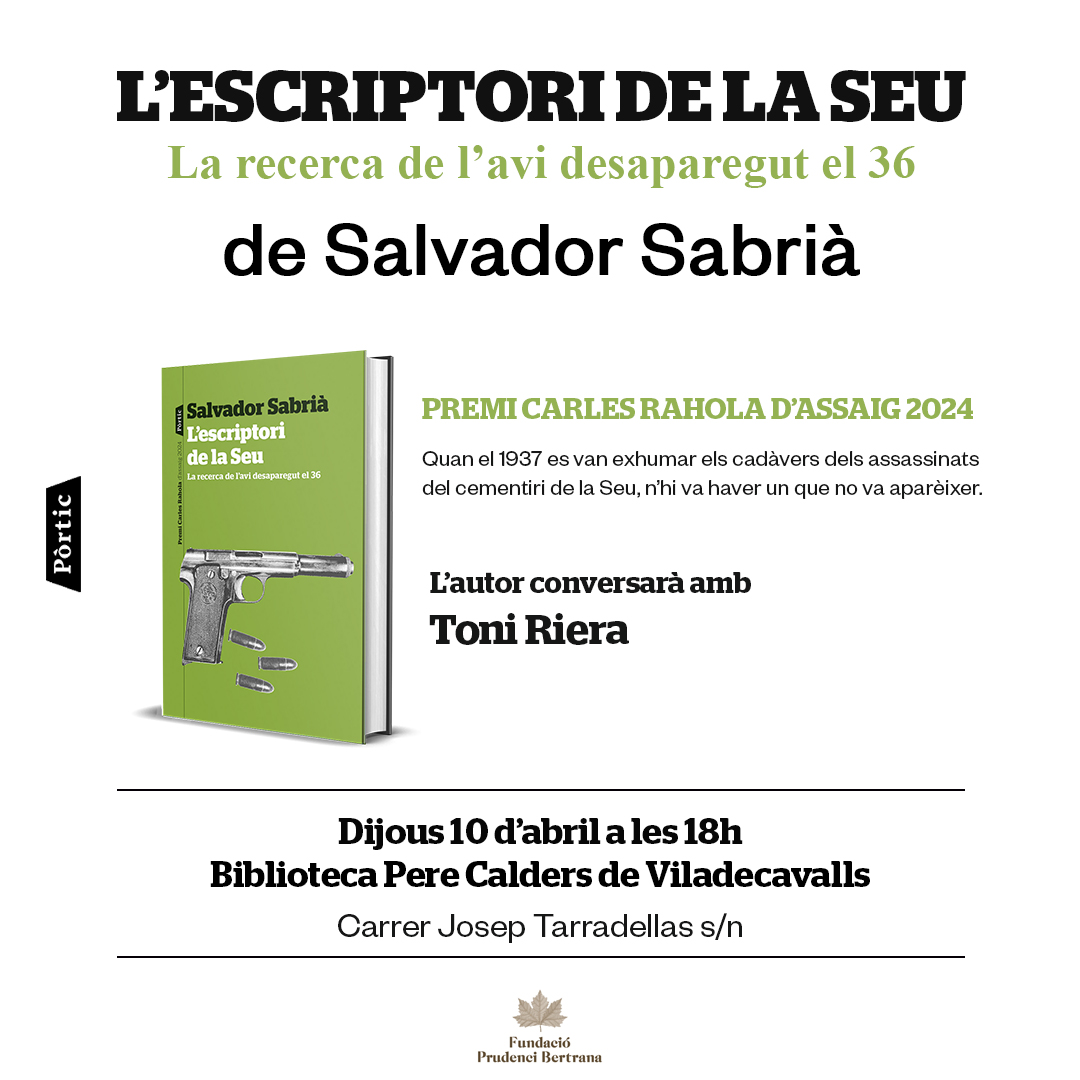 🗓✍️ Aquest dijous 10 d'abril podeu assistir a la presentació del llibre ‘L’escriptori de la Seu’ de #SalvadorSabrià, 45è Premi Carles Rahola d’assaig:

⏱️ 18 h
📍Biblioteca Pere Calders de #Viladecavalls
🙌 Conversa amb Toni Riera

➡ Us hi esperem!
<a href="/Grup62/">Grup62</a>
<a href="/FundBertrana/">Fundació Prudenci Bertrana</a>