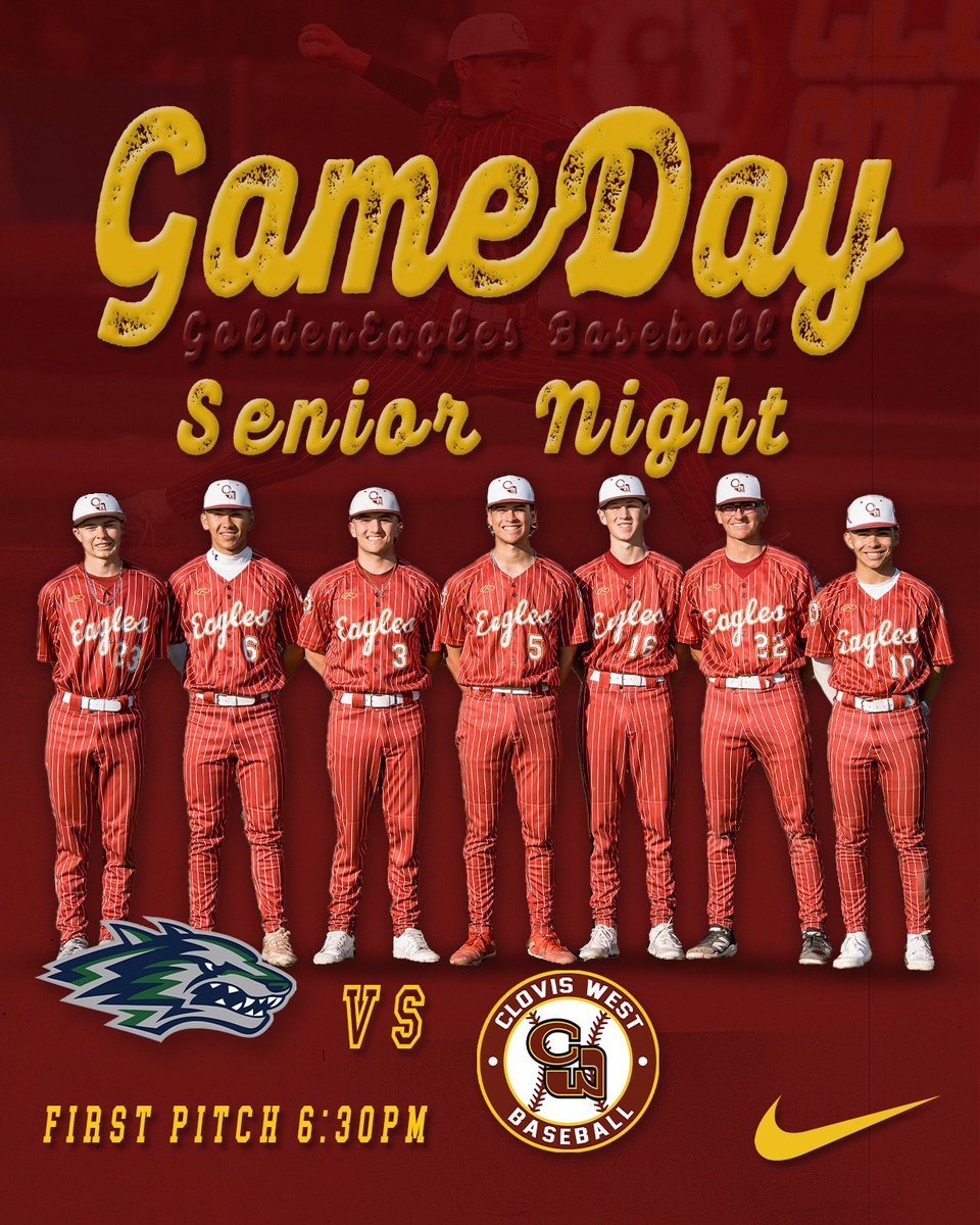 Golden Eagles are back in action tonight in game 2 against the Timberwolves of Clovis East. Please join us as we honor our 7 seniors prior to the game. Reece Van Alen gets the start on the mound. 🦅🦅