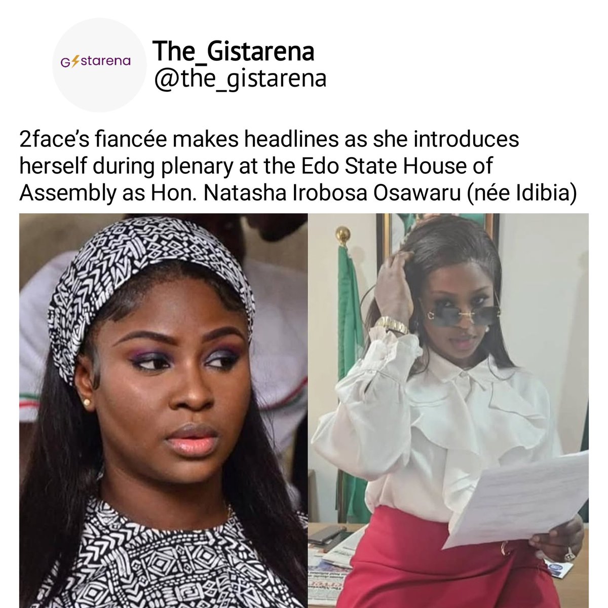 the_gistarena's tweet photo. 2Baba’s fiancée makes headlines as she introduces herself during plenary at the Edo State House of Assembly as Hon. Natasha Irobosa Osawaru (née Idibia)
#2baba #natashaosawaru #idibia #Politics #CelebrityNews #nigeriancelebrities #TrendingNow #stayupdated #the_gistarena https://t.co/cOFzEyhDvr