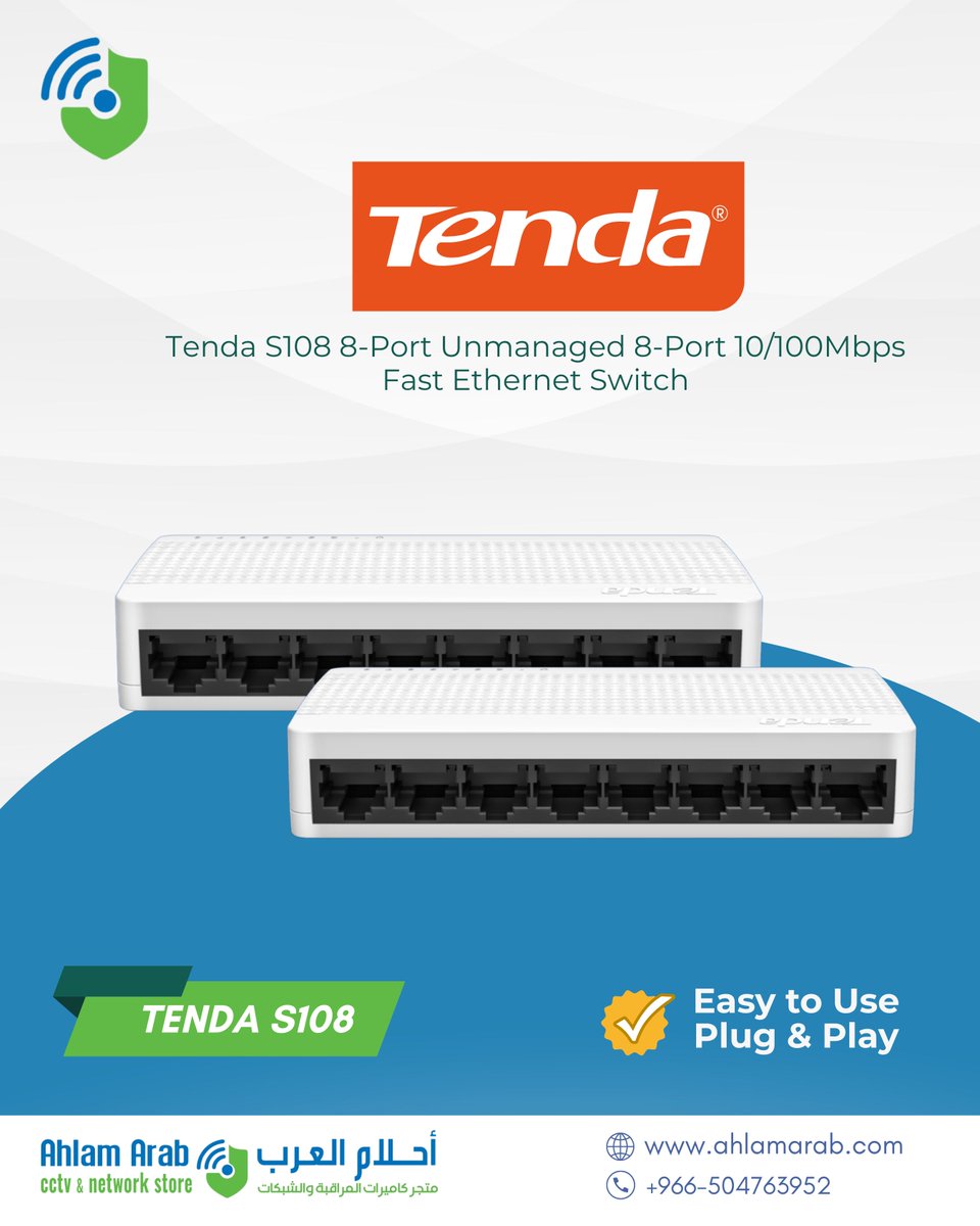 AhlamArabKSA's tweet photo. 🔌 Tenda S108 – Expand Your Network, Effortlessly!
Fast. Reliable. Plug &amp; Play. With 8 auto-negotiation ports, the Tenda S108 is perfect for home or small office setups.
💼 Compact design, powerful performance.
📍Available now at Ahlam Arab Technologies!
#Tenda #S108 #TendaS108 https://t.co/XtYDqqW5ZZ