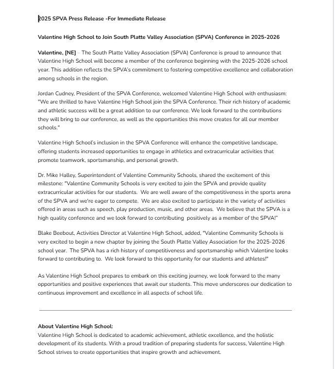 VALENTINE HIGH SCHOOL TO JOIN SPVA!!! Please below for the exciting news of VPS joining the SPVA starting in the 2025-2026 school year!!!
<a href="/THEnebpreps/">nebpreps</a>
<a href="/PrepExtra/">LJS Prep Extra</a>
<a href="/NPCatholic/">NPCatholicSchools</a>
<a href="/kpslonghorns/">Kimball Public Schools</a>
<a href="/bportNEbulldogs/">Bridgeport NE Public Schools</a>
<a href="/PCS_Pride/">Perkins Cnty School</a>
<a href="/HersheyPanthers/">Hershey Panthers</a>
<a href="/ccs_longhorns/">Chase County Schools</a>
<a href="/mitchell_tigers/">Mitchell Public Schools</a> 
<a href="/VCSBadger/">Valentine Community Schools</a>