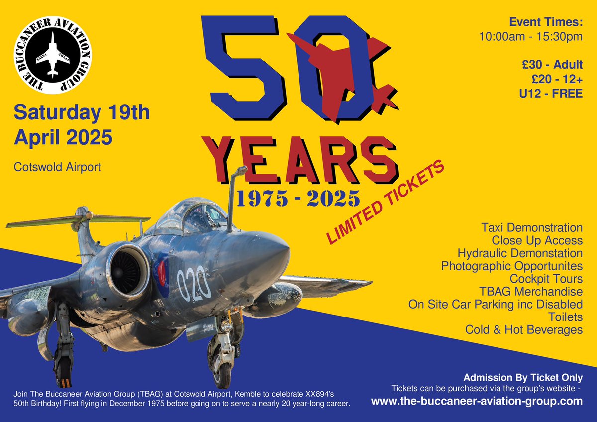 ***Next Weekend***
50 Years of XX894

Next weekend will see TBAG's first fast taxi event of 2025 at Cotswold Airport, celebrating 50 years since XX894 made its first flight! 

There are still a handful of tickets left, available through our website.