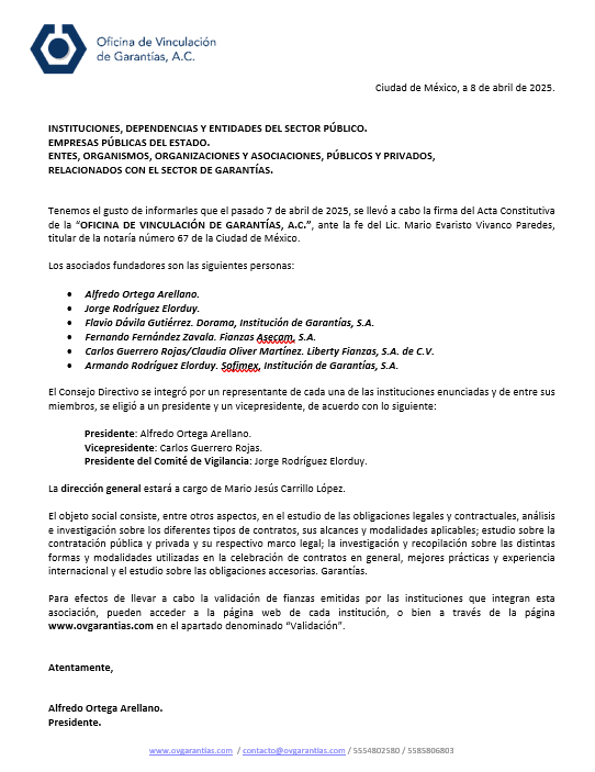 Con mucho gusto compartimos el siguiente comunicado sobre la constitución de la Oficina de Vinculación de Garantías, A.C. #OVG #GarantizaT #Fianzas