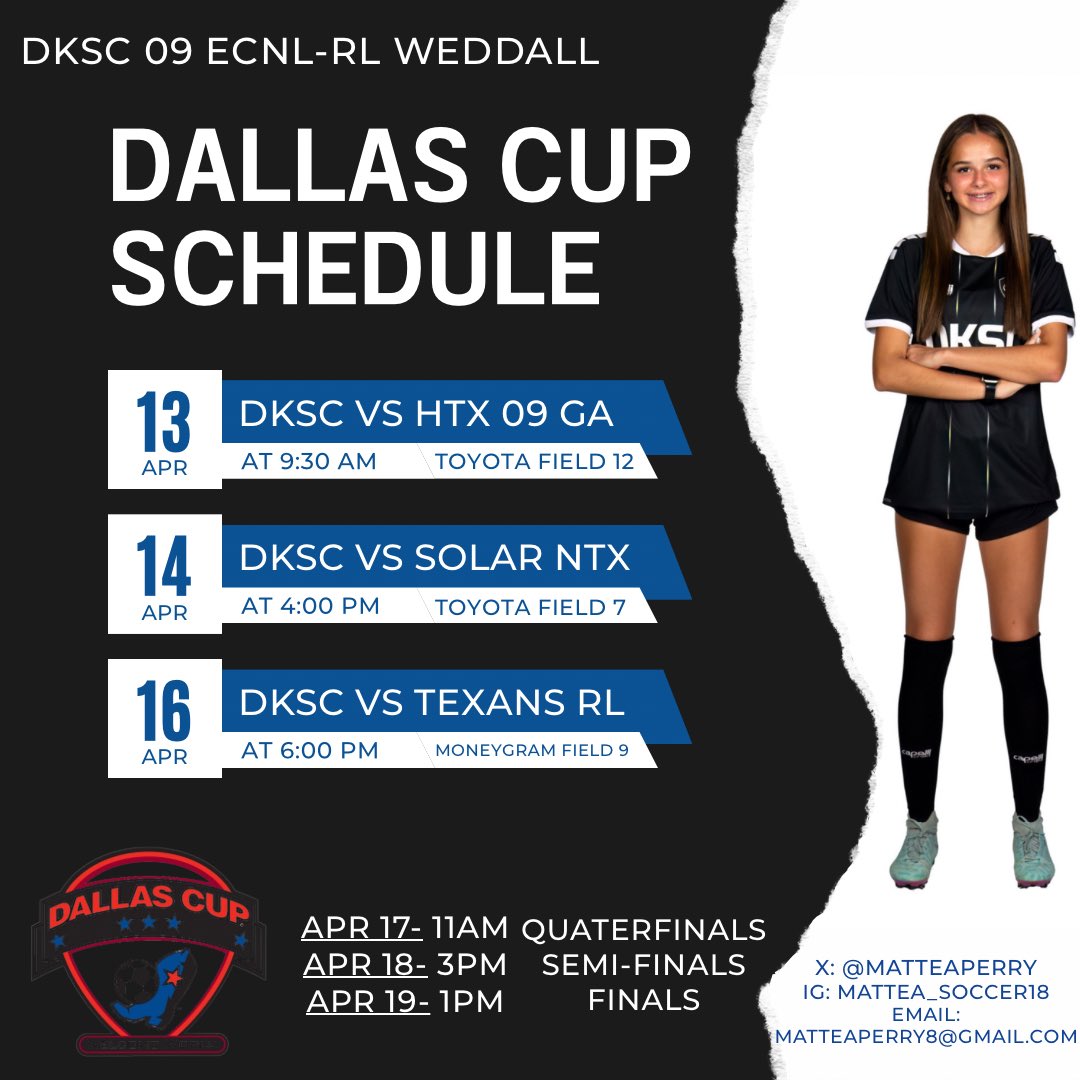 So excited for this opportunity to showcase my abilities in this upcoming week at the Dallas Cup!! <a href="/DKSC09G_ECNLRL/">DKSC 09G ECNL RL</a> <a href="/Birdville_LHS/">Birdville Lady Hawks Soccer</a> <a href="/GMsportsmedia1/">GM Sports Media</a> <a href="/ImYouthSoccer/">ECNL/GA/Recruiting/College Soccer</a> <a href="/CollegeSoccerID/">College Soccer ID</a> <a href="/LethalSoccer/">Coach Duque</a>