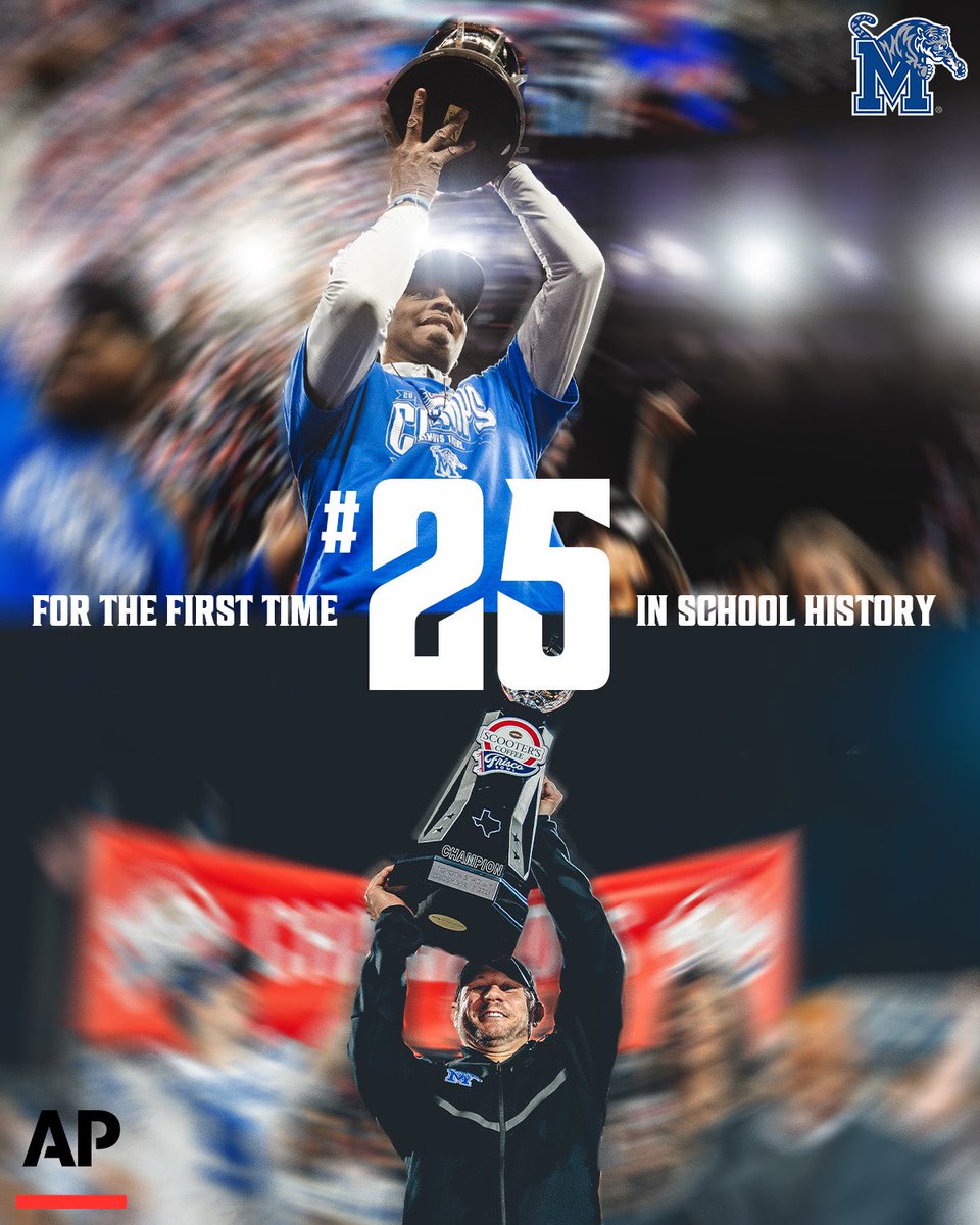 For the 𝗙𝗜𝗥𝗦𝗧 𝗧𝗜𝗠𝗘 in school history, Memphis Football and Men’s Basketball finish in the AP Top 25 in the same season Ⓜ️