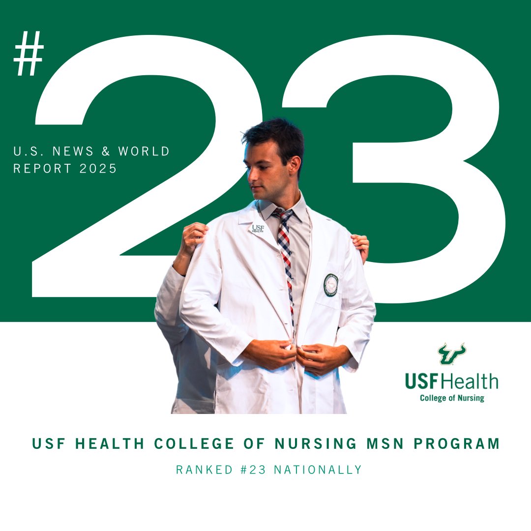 🏆 For the 4th year in a row, USF Health College of Nursing's MSN program is ranked No. 1 among Florida's public universities by U.S. News &amp; World Report! This year, we’ve also climbed to No. 23 nationally—cementing our place as a leader in graduate nursing education. 🎉💚