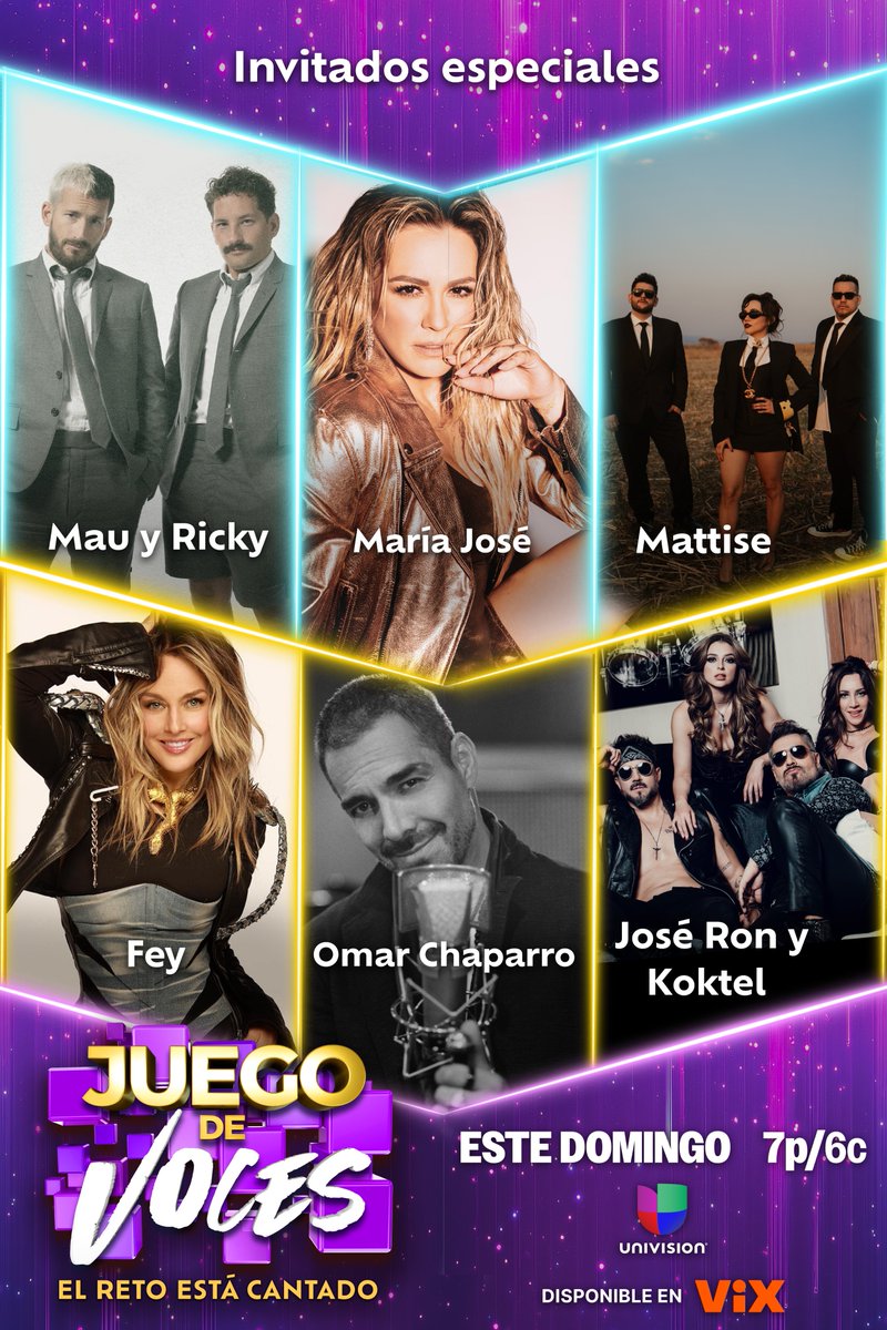 Univision's tweet photo. Prepárate para una noche llena de emociones, talento y mucha música con nuestros invitados especiales: @MauYRicky ,  @lajosa  , @Matisse_Mx , @officialfey , @OMARCHAPARRO  y @JoseRon3   junto a su banda "Koktel" 😎🔥🔥

No te pierdas @juegodevoces  este domingo 7P/6C por Univision 📺🎶

#JuegoDeVoces #JuegoDeVocesUS #Promo