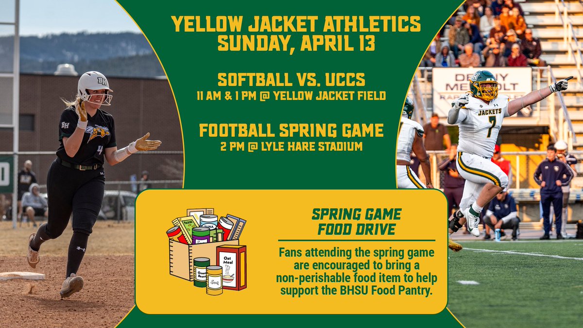 Black Hills State Athletics (@bhsuathletics) on Twitter photo It's a BIG series for <a href="/BHSUSB/">Black Hills State Softball</a> as they host senior day Saturday and continue their postseason push! Come on out and support while grabbing lunch from Hangry Hills and BH Brats!
Catch <a href="/BHSUWSOC/">Black Hills State Soccer</a> and <a href="/BHSUFB/">BHSU Football</a> back on the field, and support the BHSU Food Pantry at the spring game! It's a BIG series for <a href="/BHSUSB/">Black Hills State Softball</a> as they host senior day Saturday and continue their postseason push! Come on out and support while grabbing lunch from Hangry Hills and BH Brats!
Catch <a href="/BHSUWSOC/">Black Hills State Soccer</a> and <a href="/BHSUFB/">BHSU Football</a> back on the field, and support the BHSU Food Pantry at the spring game!