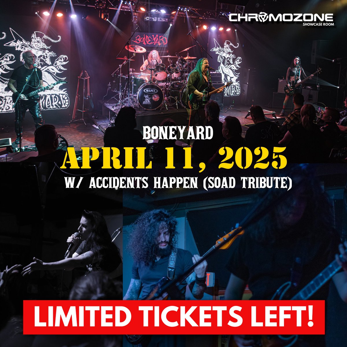 Tickets are going fast for this Friday's show with Accidents Happen (SOAD Tribute) at Chromozone! Snag yours before they're gone!

🎟️ TICKETS
eventbrite.ca/e/boneyard-wit…

#SOAD #SystemOfADown #SOADtribute #WomenOfMetal #BoneyardRocks #YEGmusic #YEG #LiveMusic #YEGlive #NuMetal