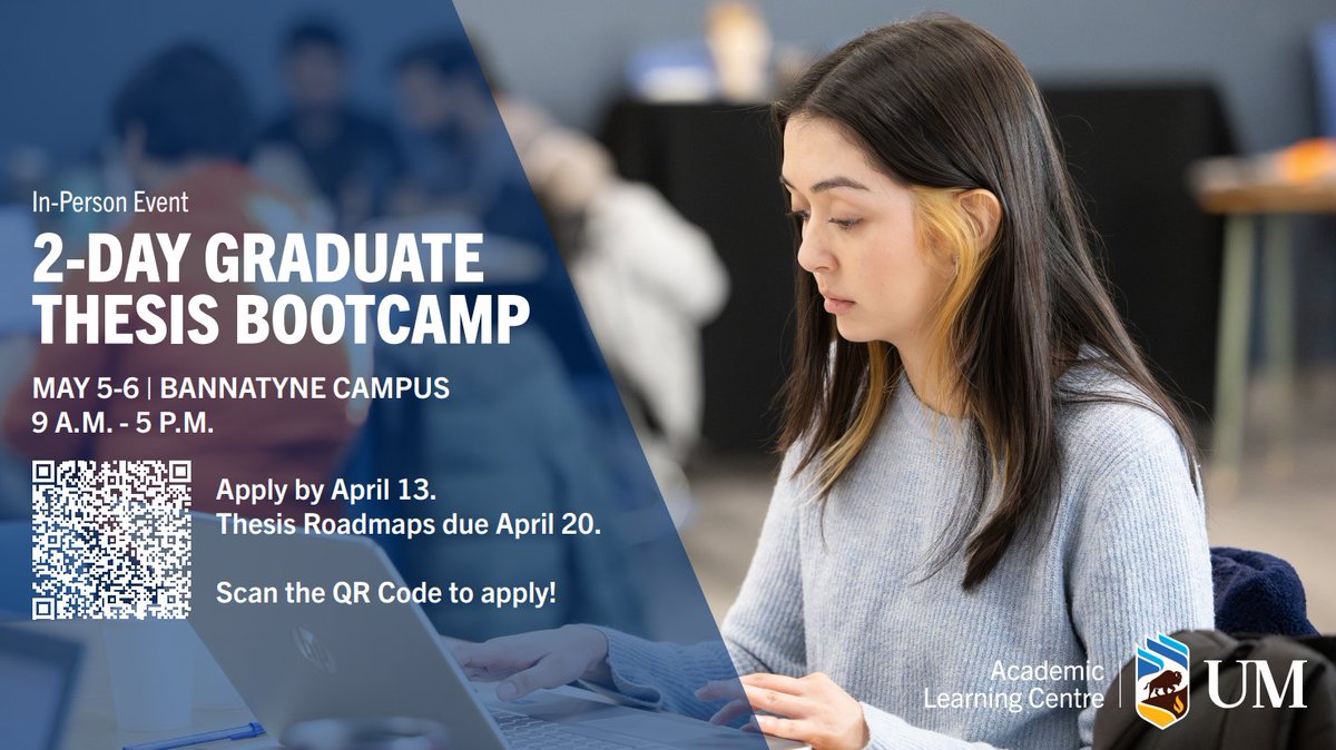 UMGSA (@uofm_gsa) on Twitter photo Thesis Bootcamp | May 5–6 | UM Bannatyne
Write 5,000 words in 2 days!
Join this in-person thesis writing retreat with quiet space, writing support, snacks, and daily workshops.
Apply by April 13
Submit your writing plan by April 20: academic_learning@umanitoba.ca Thesis Bootcamp | May 5–6 | UM Bannatyne
Write 5,000 words in 2 days!
Join this in-person thesis writing retreat with quiet space, writing support, snacks, and daily workshops.
Apply by April 13
Submit your writing plan by April 20: academic_learning@umanitoba.ca