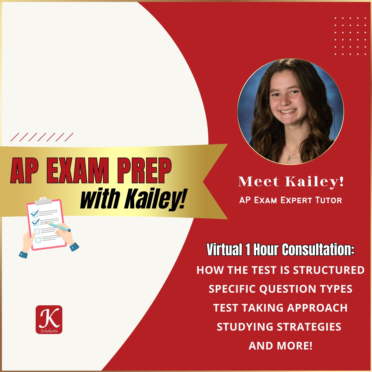 Kscholasticinc's tweet image. In addition to specific subject tutoring, we are offering a virtual 1-hour consultation with our AP exam expert, Kailey, focusing on how to take a college-level exam! Contact us today to schedule 📚

#kscholastic #houstontutor #tutoring  #tutoringservices #finalexams #apexams