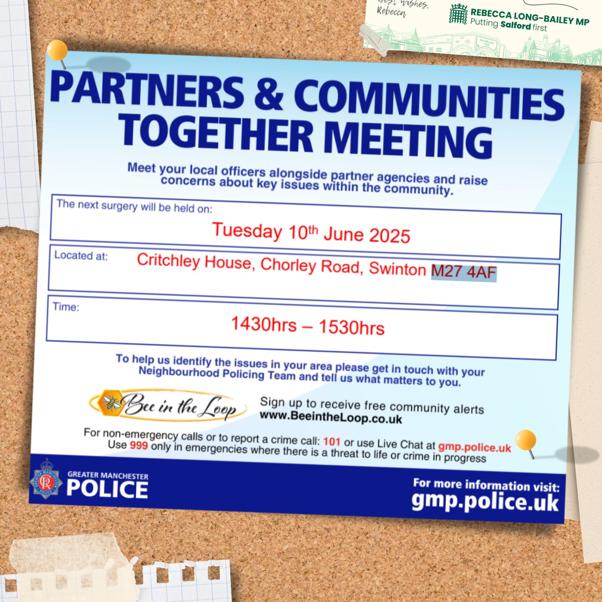 RLong_Bailey's tweet photo. ๐๏ธ Save the date!
Raise concerns or discuss key issues in your community with local police officers.
Partners & Communities Together Meetings are taking place on the 27th May, 10th June & 1st Oct. For more info, visit: https://t.co/Zc7PPaZZuU
#BeeInTheLoop #Salford https://t.co/wPiLnty4zH