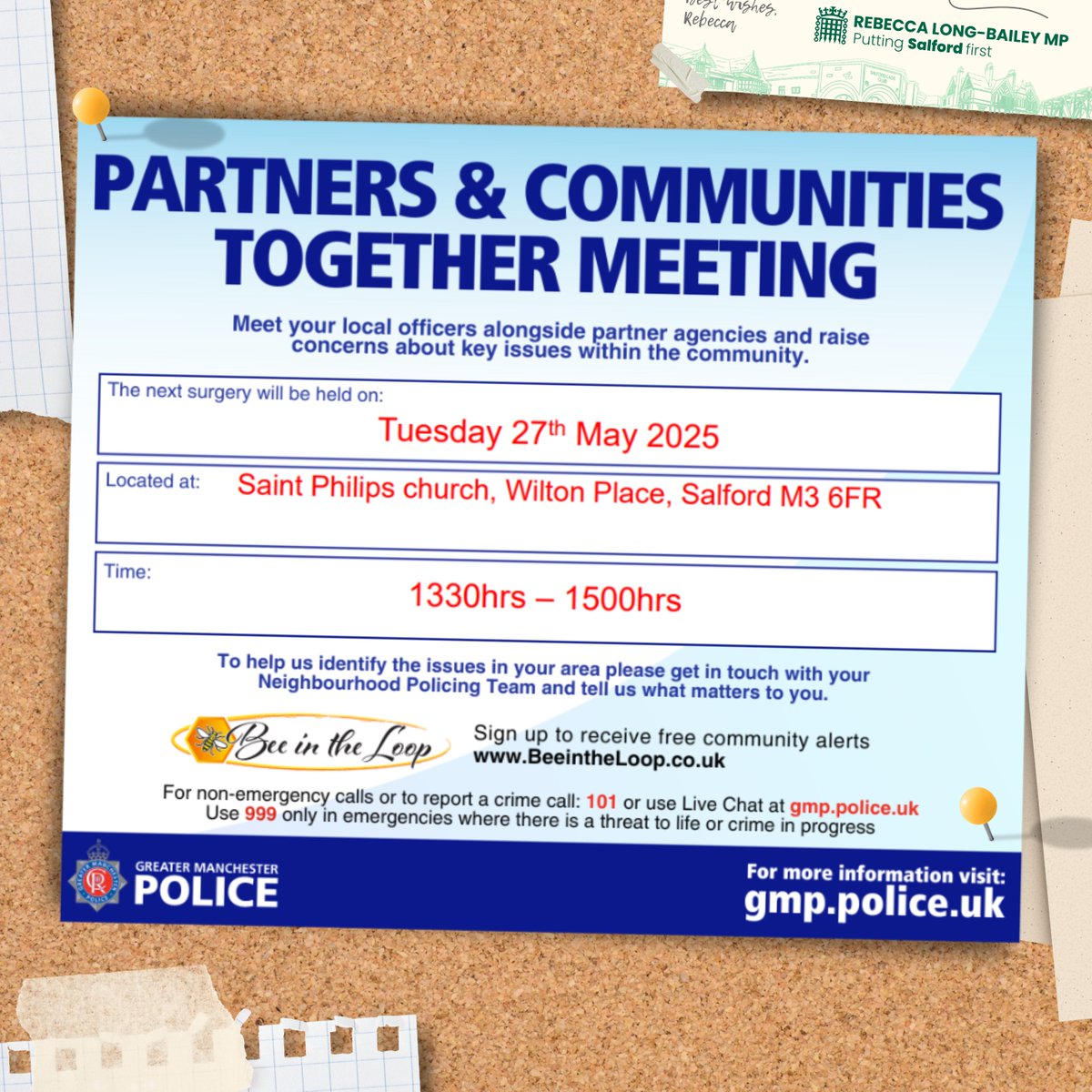 RLong_Bailey's tweet photo. ๐๏ธ Save the date!
Raise concerns or discuss key issues in your community with local police officers.
Partners & Communities Together Meetings are taking place on the 27th May, 10th June & 1st Oct. For more info, visit: https://t.co/Zc7PPaZZuU
#BeeInTheLoop #Salford https://t.co/wPiLnty4zH
